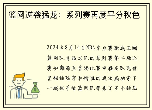 篮网逆袭猛龙：系列赛再度平分秋色